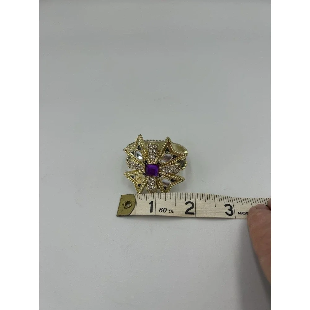 Set of 6 Gold Tone Starburst Beaded Napkin Rings w/ Purple Center Accent